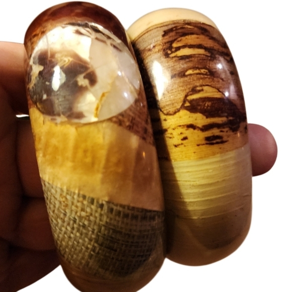 VINTAGE RESIN WOOD BANGLE SET EARTH TONE CHUNKY STATEMENT HIPPIE BOHO - Picture 9 of 16